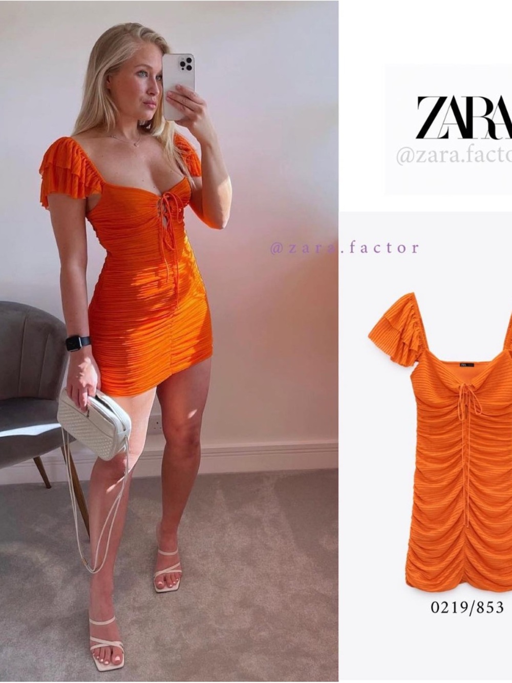 ZARA Bright Orange Ruched Tie-Front Mini Dress